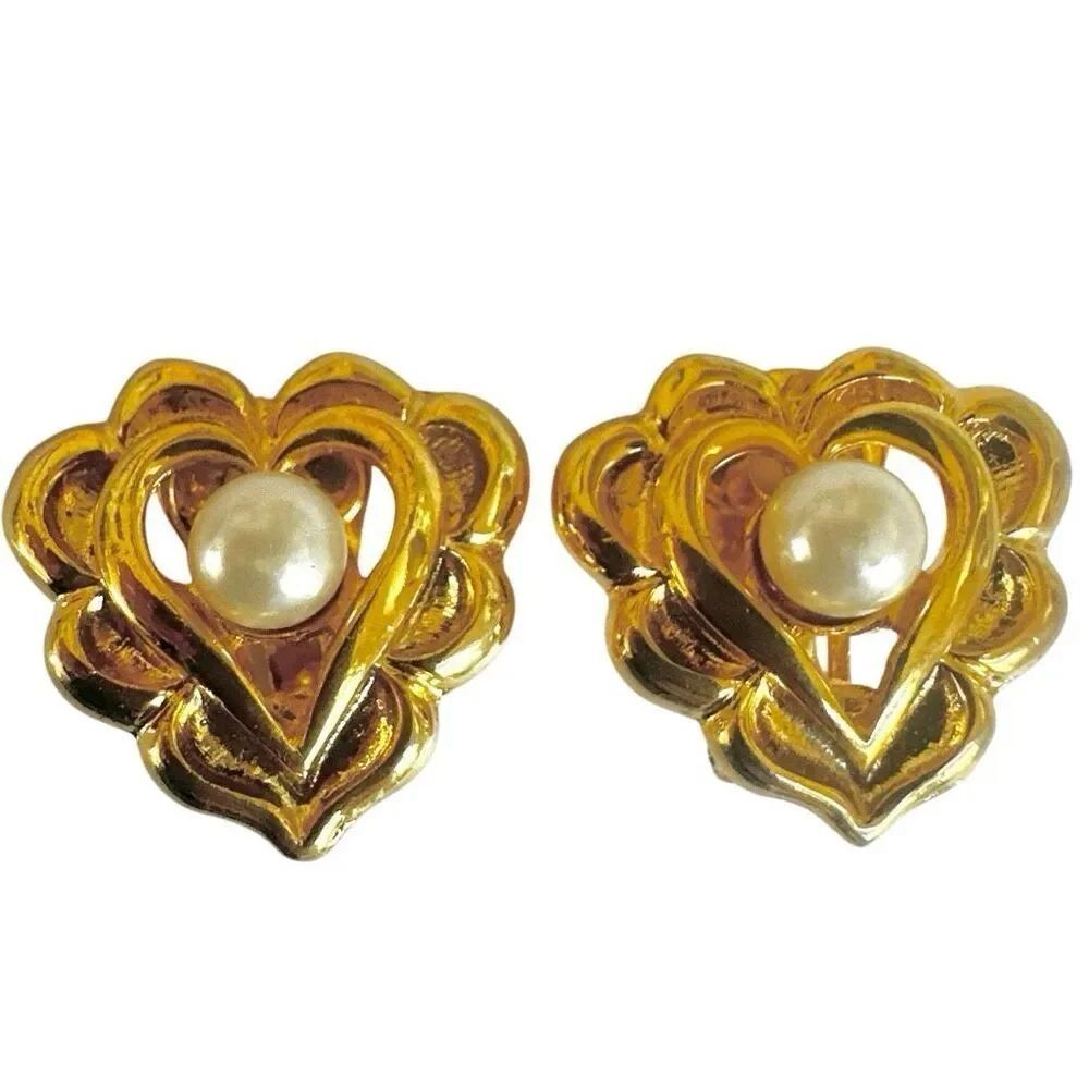 Vintage Gold-Tone Heart & faux Pearl Clip-On Earrings
